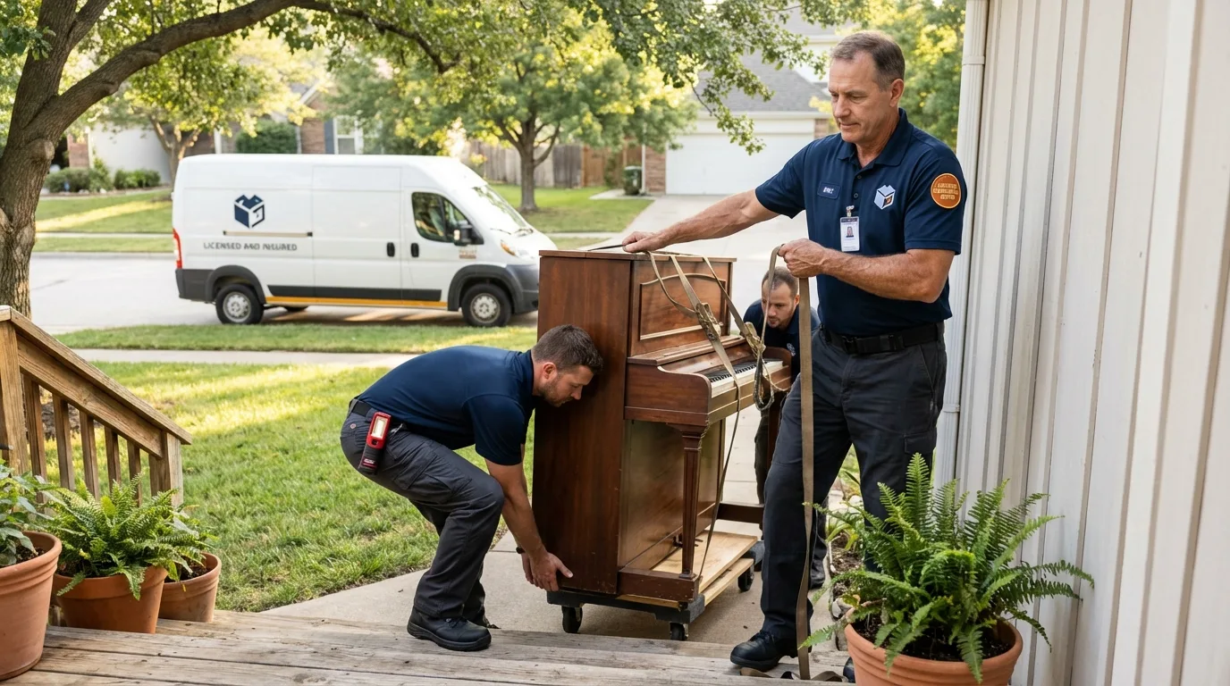 Licensed piano movers securing grand piano in Allegany, NY