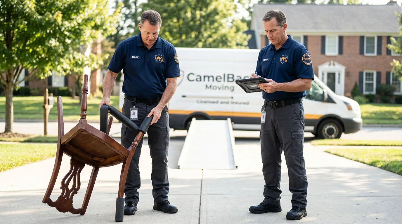 Movers inspecting furniture for damage prevention before loading in Allegany, NY