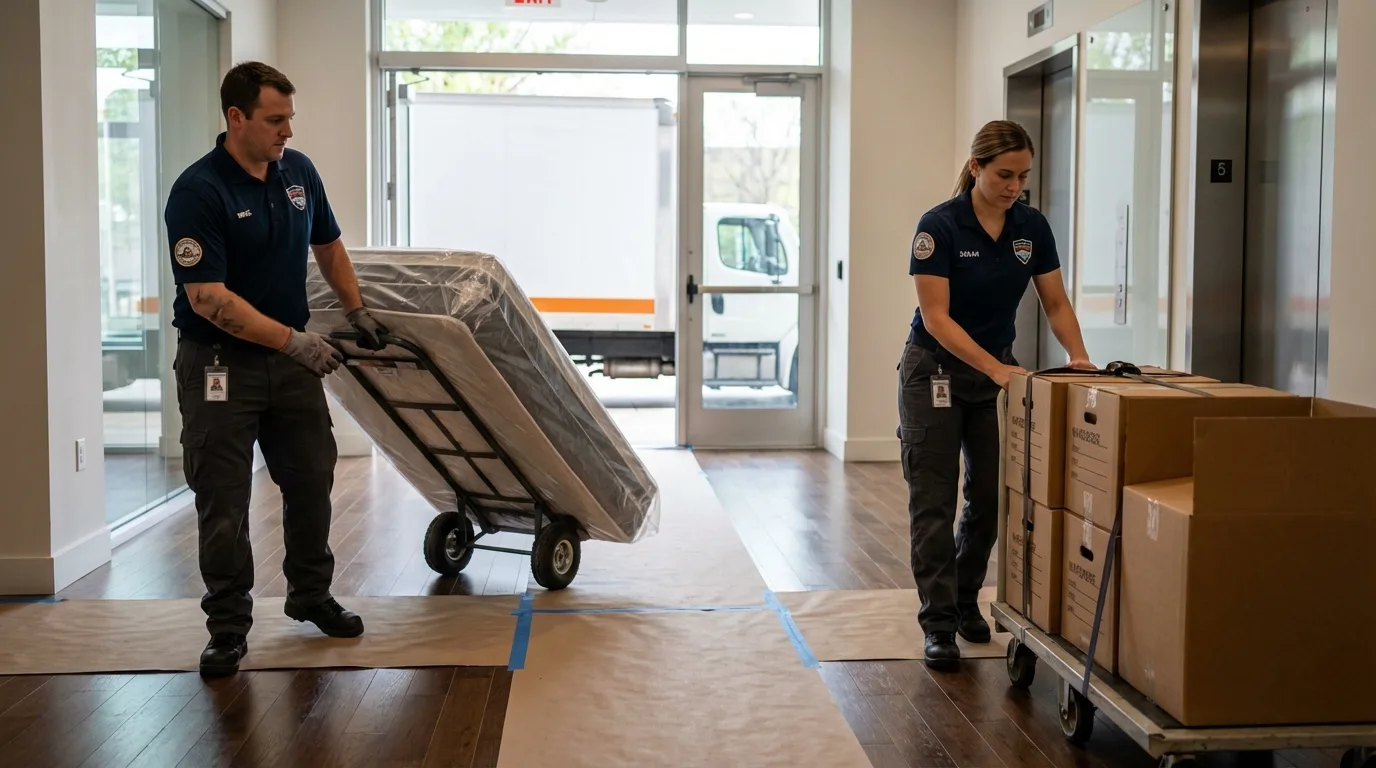 Professional apartment movers loading elevator in Allegany, NY