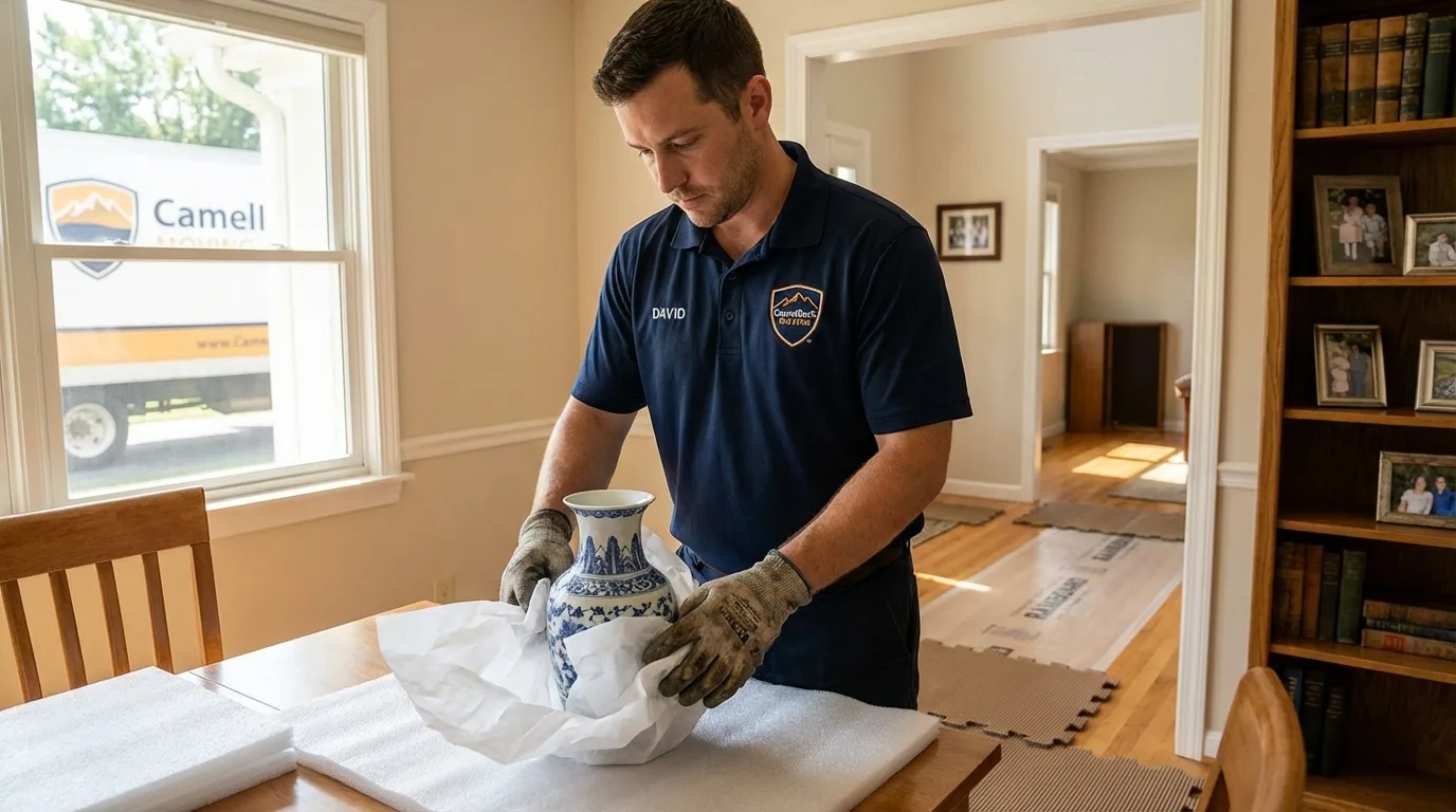 Professional crew carefully wrapping antique vase for senior downsizing move in Allegany, NY
